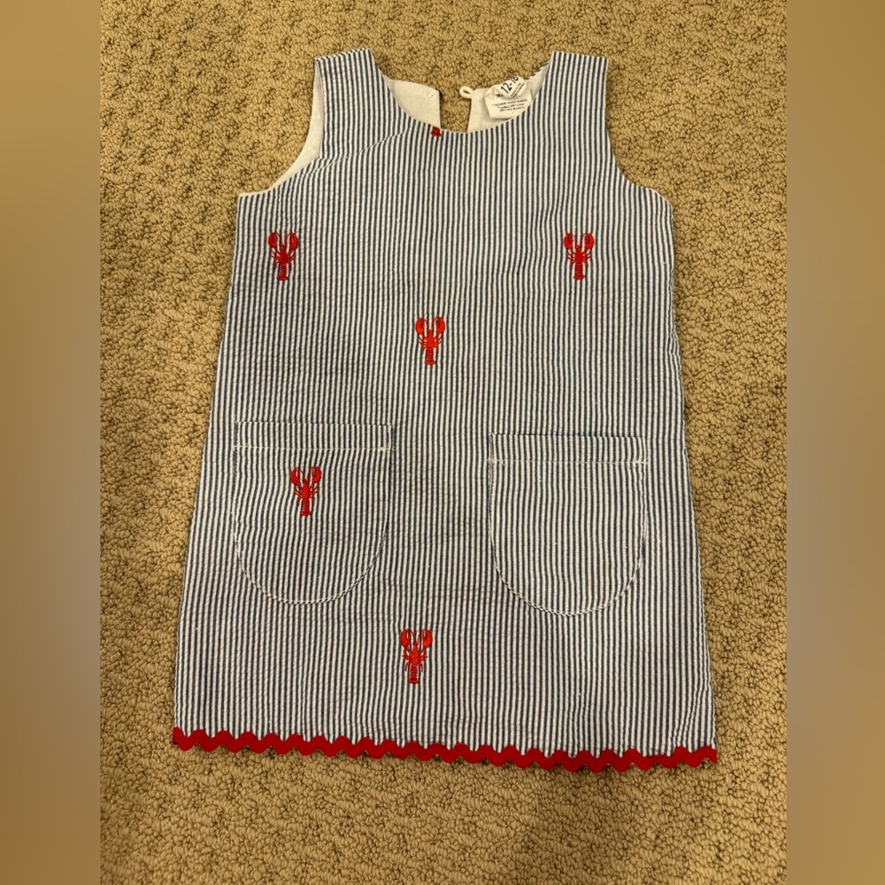 Blue Seersucker Girls Dress with Red Embroidered Lobsters